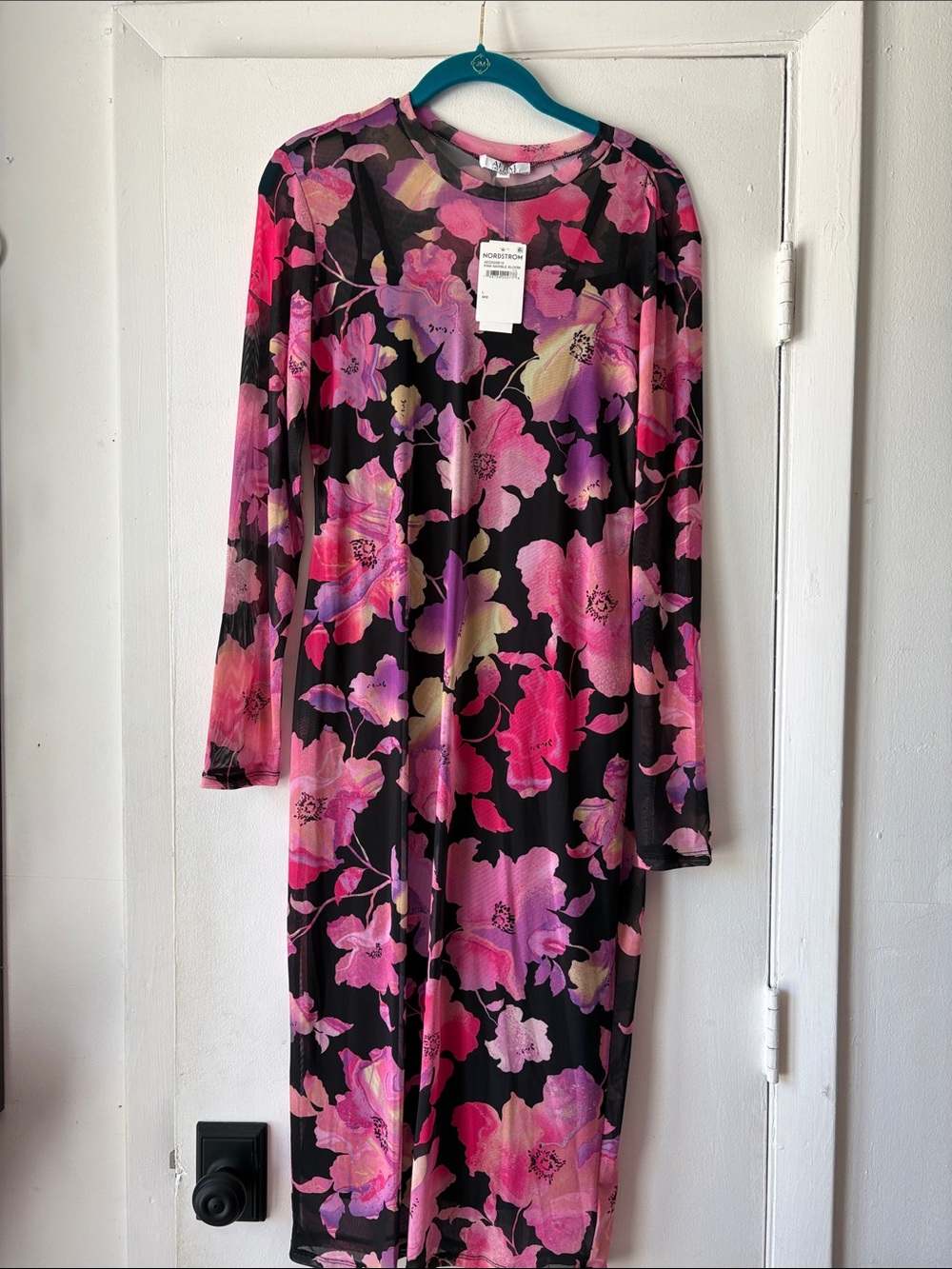 AFRM Pink and Black Floral Long Sleeve Midi Dress
